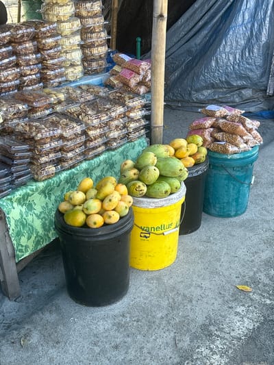 This is a close-up, eye-level shot of a street market stall in Bira, Indonesia. The stall is selling various food items, primarily packaged snacks and fresh mangoes. In the foreground, three large plastic buckets are prominent. A black bucket is filled with ripe mangoes, some yellow and some green. Next to it, a bright yellow bucket, labeled "vanellus 20W-50", also contains a large pile of mangoes, predominantly green with some yellowing. To the right of these, a turquoise bucket holds bags of peanuts. Behind the buckets, a table is covered with a green floral tablecloth, on which are displayed numerous clear plastic containers filled with layered snacks, appearing to be crispy or fried. Behind the stall, a large, dark gray tarp is visible, suggesting the stall is either covered or situated against a temporary structure. A bamboo pole stands vertically to the left of the tarp. The ground is concrete, with some debris and a fallen yellow leaf. The lighting suggests it is daytime, with sunlight casting shadows. No people are visible in the frame.