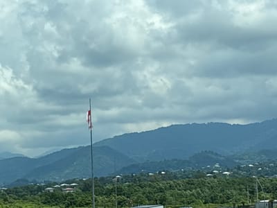 A flagpole with a red and white flag, likely the flag of Georgia, stands on the left side of the frame. The flag is partially unfurled and appears to be made of fabric. The flagpole is a thin, dark vertical pole. In the background, rolling green hills rise up, dotted with scattered houses with white or light-colored roofs. The landscape is covered in lush green trees, suggesting a temperate climate. The sky is overcast with thick, gray clouds, indicating a possibly rainy or stormy day. The overall impression is of a rural or semi-rural setting within the city of Gvara, Georgia, characterized by its natural beauty and a few signs of human habitation.