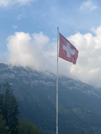 A Swiss national flag, red with a white cross, is displayed on a vertical metallic flagpole in Bönigen, Switzerland. The flag is partially unfurled to the right of the pole. In the background, a prominent mountain range features dark green, densely forested lower and mid-slopes, transitioning to grey, stratified rock faces at higher elevations. Patches of white clouds or mist partially obscure the upper sections of the mountains. The sky overhead is light blue with scattered white cumulus clouds. Dark green foliage from trees is visible in the lower-left foreground. No individuals or specific actions are depicted.