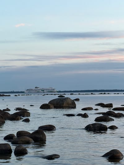 The image depicts a coastal scene with a large passenger ferry in the background, sailing on a calm body of water. The ferry is white with green accents and the text "TALLINK Shuttle" is visible on its side. In the foreground, numerous dark, smooth rocks of varying sizes are partially submerged in the water, creating a natural, rugged shoreline. The sky is overcast with soft pastel hues of blue, pink, and grey, suggesting either dawn or dusk. The overall environment is serene and natural, characteristic of a coastal area. The scene is located in Haabneeme alevik, Estonia, as indicated.
