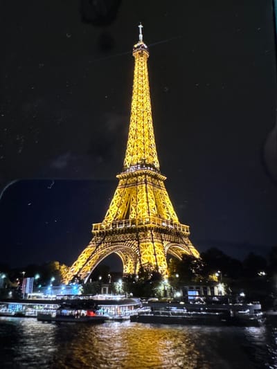 A nocturnal photograph captures the Eiffel Tower in Paris, France, brightly illuminated in a warm golden hue, dominating the central and upper portions of the frame against a dark, cloudy sky. The iconic lattice structure of the tower is visible in detail across its multiple levels, from its broad arched base to its tapering spire, crowned with a small, cross-like finial. Below the tower, the calm surface of the River Seine reflects the golden light in shimmering patterns. Several elongated tourist boats, also illuminated, are present on the water, with their own lights reflecting on the river. The far riverbank, beneath the tower, features dark tree lines and indistinct illuminated structures, likely buildings or streetlights. Minor particulate matter and smudges are discernible across the dark sky and upper portions of the image, suggesting the photograph may be a capture of a screen display.