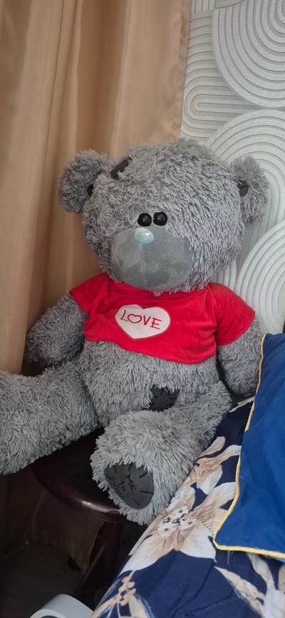 A fluffy gray teddy bear with a red shirt is lying on a light brown surface. The shirt has a white heart on it with the word "LOVE" written inside in red letters. The teddy bear's left paw has a gray patch with the words "ME to YOU" written in black. The bear is lying next to a blue pillow with a floral pattern on it, which is part of a bed or sofa. The background features a wall with a textured, wavy pattern. The lighting suggests daytime, and the overall scene appears to be indoors, likely a bedroom or living area in Metsamor, Armenia. The teddy bear is the primary subject, and no people are visible. The pose of the bear suggests it has been placed there, rather than actively engaged in an activity.