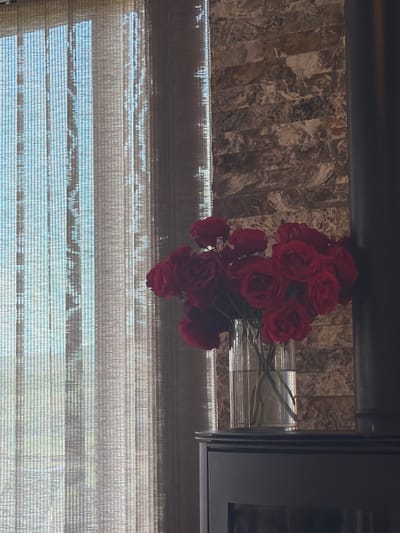 A vase of red roses sits on a dark surface in front of a stone wall. To the left, vertical blinds are drawn across a window. The scene is dimly lit, with light filtering through the blinds. This image was taken in Byurakan, Armenia.