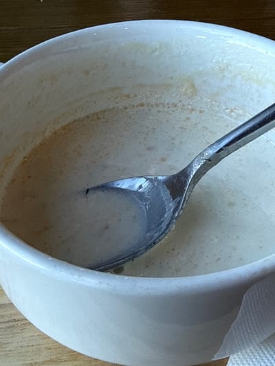 This image depicts a close-up, top-down view of a partially consumed creamy liquid within a white ceramic bowl. A silver-colored metal spoon rests inside the bowl, its bowl submerged in the liquid, with the handle extending towards the right. Residue and small flecks, possibly of a darker substance, adhere to the inner walls of the bowl above the liquid line. A small, dark, elongated object, consistent with an insect such as a fly, is visible on the surface of the liquid near the tip of the spoon. The bowl is positioned on a light brown, possibly wooden surface, with a white, textured material resembling a paper napkin visible to the right of the bowl. This scene is located in Shlisselburg, Russia.