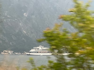 A cruise ship is sailing on a body of water near a mountainous coastline. The ship is white with black trim and has multiple decks with rows of windows and lifeboats. In the background, a hazy, mountainous landscape with some buildings along the shore can be seen. In the foreground, blurred green foliage suggests the viewer is looking through trees, possibly from a moving vehicle or boat. The overall impression is one of a scenic, possibly overcast day, given the muted colors and haze. No visible text is present on the ship or in the scene. The location is identified as Dražin Vrt, Montenegro.