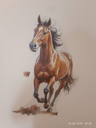 This media file features a watercolor painting of a brown horse in mid-gallop, positioned on the right side of a plain, light-colored background. The horse is depicted with its head turned slightly towards the viewer, mane and tail flowing dynamically, suggesting movement and speed. The painting captures the horse's muscular form with skillful use of light and shadow. In the foreground, the horse appears to be kicking up dirt or dust, indicated by loose brown splotches beneath its hooves.
There are no people present in the painting. The setting is ambiguous, as the background is a uniform, neutral color, and no environmental details are visible apart from the dust disturbed by the horse. The lighting appears to be even, not strongly indicative of a specific time of day.
A date and time stamp, "26.06.2026 09:50," is superimposed in the bottom right corner of the image, indicating when the photograph of the painting was taken, not when the artwork was created or depicts. The location context provided is Strovolos, Cyprus.
Notable details include the realistic rendering of the horse's anatomy, the expressive portrayal of its mane and tail, and the dynamic representation of its movement, all achieved through watercolor techniques. The painting evokes a sense of power and freedom.