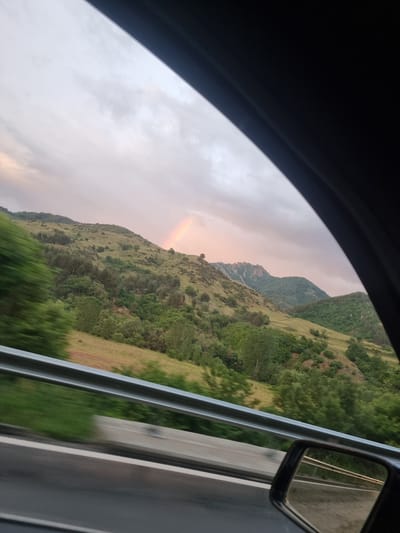 This image captures a scenic view from inside a moving vehicle, looking out a side window. The perspective is tilted, making the scene appear rotated clockwise, with the car's dark interior frame along the top edge and the road and side mirror towards the bottom right.
The primary subject is a vibrant green, hilly, and mountainous landscape, densely covered with trees and grass. A faint rainbow is visible, arcing subtly across the upper slopes of the hills on the left side of the frame. The sky above is cloudy, with soft, muted tones of grey and hints of pink or orange, suggesting the time is either early morning or late afternoon, likely after a period of rain given the presence of the rainbow.
In the lower right portion of the image, an asphalt road with white lane markings is visible, alongside a metallic guardrail. The blurred appearance of the road, guardrail, and foreground vegetation indicates the vehicle is in motion. A car's side mirror is also visible on the right, reflecting a segment of the road extending behind the vehicle.
The activity taking place is a journey through a picturesque, natural environment. The combination of the mountainous terrain, green vegetation, and rainbow points to a tranquil yet dynamic setting, typical of the Mesta region in Bulgaria. There is no visible text in the media file.