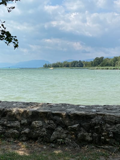 The image shows a body of water with a stone wall in the foreground. Trees and hills are visible in the background. There is a sailboat on the water. The sky is cloudy. The scene appears to be a park or a recreational area by a lake or sea. The location is specified as Laténa, Switzerland.