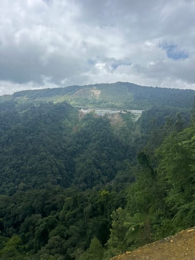 The image shows a mountainous landscape with lush green vegetation, indicative of a tropical rainforest. In the middle ground, a large construction site is visible on the mountainside, with exposed earth and some structures, suggesting ongoing development. The sky is overcast with heavy clouds. The foreground shows a portion of a weathered, possibly concrete or stone structure, with some yellow and green moss or lichen, suggesting an outdoor, possibly elevated viewpoint. The overall scene depicts a blend of natural wilderness and human intervention in a hilly or mountainous region.