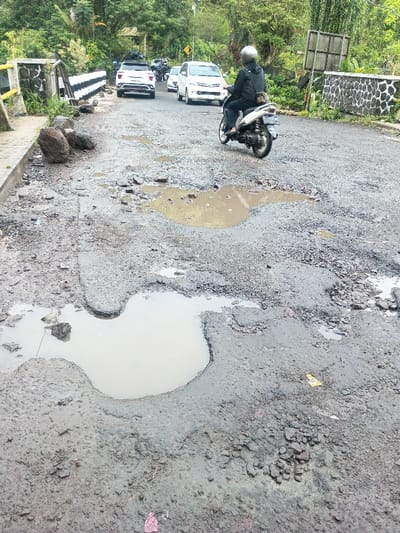The image depicts a severely dilapidated paved road in what appears to be a rural or semi-rural setting, likely Yusipang, Bhutan, given the provided context. The road surface is heavily damaged, characterized by numerous large potholes, many of which are filled with standing water, indicating recent rainfall.
In the mid-ground, a person wearing a helmet and a dark jacket is seen riding a white scooter, navigating the uneven terrain. Behind the scooter, a white minivan and a white SUV are visible, suggesting other vehicles are also using this challenging road. Further down the road, more cars can be seen in the distance, indicating traffic despite the poor conditions.
On the left side of the road, large rocks are haphazardly placed near a low, black and white striped guardrail, which runs alongside what looks like a pathway or the edge of a bridge structure. Lush green foliage and trees line both sides of the road, suggesting a verdant environment, possibly a hilly or mountainous region. On the right, there's a wooden fence or signpost, and a stone wall. The lighting appears soft, suggesting it might be an overcast day or early morning/late afternoon. No discernible text is visible on any signs or vehicles. The scene highlights significant infrastructure challenges for commuters.