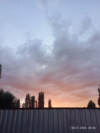 A wide shot captures a serene sunset scene over Көк-Кашат, Kyrgyzstan. The sky transitions from a pale blue at the top to a warm orange hue near the horizon, with scattered clouds adding depth and texture. In the foreground, a corrugated metal fence stretches horizontally across the frame, its weathered surface reflecting the ambient light. Behind the fence, a line of tall, slender trees stands silhouetted against the colorful sky. The overall atmosphere is peaceful and natural, with no people or discernible activity in the frame. The timestamp "08.07.2026 20:36" is visible in the bottom right corner.