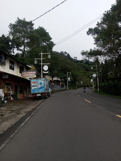 The image displays an uphill-curving asphalt road in Bangtsho, Bhutan, under an overcast sky. The two-lane road features double yellow center lines and white shoulder lines. On the left, a concrete sidewalk abuts a row of low-rise commercial buildings. A sign for "TOILET" is visible on one structure, and another prominent sign advertises "AYAM BAKAR FAVORITE 99" (Grilled Chicken Favorite 99). A light blue and white refrigerated truck, branded "FRISO" and "FIESTA" with Smurf characters and a visible license plate (W 8X17 KZ), is parked on the sidewalk facing away from the camera. Laundry hangs from a line near the buildings. The hillside immediately behind the structures and along the right side of the road is covered in dense green vegetation, including numerous trees. Multiple decorative white streetlights with lantern fixtures and circular signs line the right side of the road, following its curve uphill. Two motorcycles are observed ascending the road in the distance; the lead rider is wearing a dark helmet.