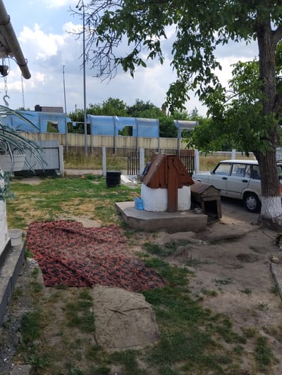 The image depicts an outdoor scene in Bila Krynytsia, Ukraine, likely during the daytime under partly cloudy skies. The foreground features a red and black patterned rug spread on the ground, partially covering dry grass and dirt. To the left of the rug, a concrete structure with rough texture is visible.
In the mid-ground, a white sedan is parked on a dirt path. Next to the car, a wooden structure with a red-painted roof and white base stands, resembling a well or a small shed. A blue plastic water bottle rests on a concrete ledge near this structure. Behind the car, a fence or partition made of metal poles and translucent blue panels runs horizontally. Further back, more greenery and a building with a tiled roof are visible, along with more of the translucent paneling.
The upper portion of the image is dominated by the branches and green leaves of a large tree, with glimpses of the sky peeking through. The overall impression is one of a rural or semi-rural yard, possibly a residential area, with elements of both utility and natural surroundings. There are no people visible in the image, and the scene appears still and quiet. No text is discernible.