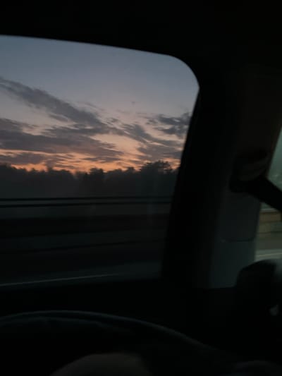 The image captures a view from inside a vehicle at dusk, looking out the side window. The sky displays a gradient of colors from a pale blue at the top to warm oranges and pinks near the horizon. Wispy clouds are scattered across the sky, illuminated by the setting sun. Below the sky, a dark line of trees forms a silhouette against the lighter sky, suggesting a rural or suburban environment. Horizontal dark bands, possibly representing railings or a bridge, are visible in the middle ground. The foreground is dominated by the interior of the car, with a dark silhouette of a person in the lower right and a dark fabric covering the lower left. The specific location in Dokshitsa, Russia cannot be determined from the visual information provided in the image.