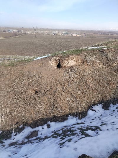 A high-angle view showcases a dirt bank with sparse vegetation and snow patches at its base. Two dark holes are visible within the bank. Beyond, a flat, cultivated field stretches toward a distant village beneath a muted sky. A utility pole rises in the distance. The overall scene suggests a rural, cold-weather environment.