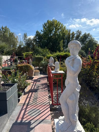 This image depicts an outdoor sculpture garden in the city of Fretin, France, under clear, sunny conditions. In the immediate foreground, positioned on the right, stands a light-colored granular stone statue of a male figure, depicted nude with a drape over its left shoulder and arm, resting on a base resembling a tree trunk. The statue faces slightly left, looking towards the right.

To the left of the statue, a reddish-brown paved pathway extends from the lower left foreground towards the mid-right background, featuring a circular gray access cover. Strong, diagonal shadows from a red metal railing are cast across this path. This red railing runs parallel to the path on its right side, acting as a barrier or decorative element. Two smaller, light-colored abstract sculptures are placed on pedestals adjacent to the railing.

The midground and background are filled with dense vegetation, including various trees with green foliage, some showing hints of reddish autumn colors on the right. Numerous garden objects are visible throughout the scene, including large terracotta urns, potted plants, and additional decorative stone sculptures of varying forms, suggesting a display or sales area for garden adornments. The sky above is bright blue with scattered white clouds. A dark gray rectangular planter containing dark aggregate is visible on the far left in the foreground.