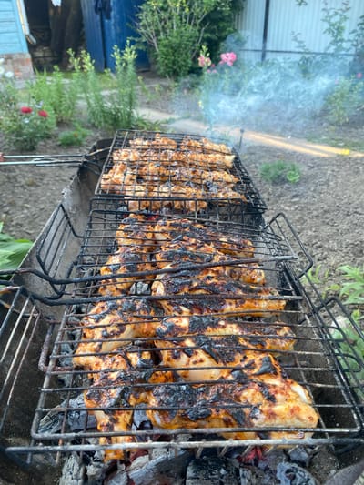 The image depicts an outdoor barbecue in what appears to be a backyard setting. Multiple racks of chicken pieces are being grilled over hot coals, with visible smoke rising from the barbecue. The chicken pieces are browned and show char marks from the grilling process. In the background, there are plants and foliage, suggesting a garden or yard. A portion of a blue structure, possibly a shed or barrel, is visible on the left side of the image. The ground appears to be soil and dirt. The overall scene is consistent with a casual outdoor cooking event.