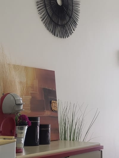 A black, spoked circular decoration is on the left wall. Adjacent, a tan, brown, and gold abstract painting hangs partially obscured by green grass. A desk houses a white, gray, and red device, two stacked black boxes, and a bouquet of purple flowers near a metal container. The edge of a light-colored cabinet with red trim is on the right.
