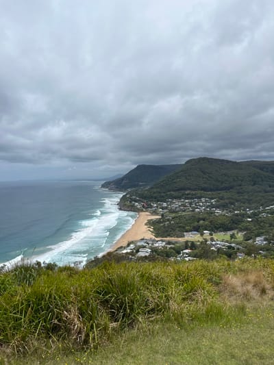 From a grassy cliff, a beach town is visible. A steep, forested hill descends to a sandy beach bordered by strong waves of a gray sea. The sky is filled with a heavy cloud cover. The town consists of closely-packed buildings nestled amongst the trees.