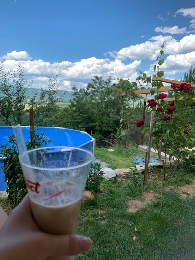 A first-person perspective shot captures a hand holding a clear plastic cup filled with a light brown beverage with ice. The cup has red lettering on it, partially visible. In the background, a blue inflatable swimming pool is situated in a yard with green grass and various trees and plants. Further beyond the yard, a hilly landscape with more trees and some buildings is visible under a bright blue sky with scattered white clouds. A rose bush with red flowers is prominent on the right side of the frame, near a wooden trellis. The scene appears to be a backyard in a rural setting, possibly in or near the village of Slokoshtitsa, Bulgaria, given the landscape.