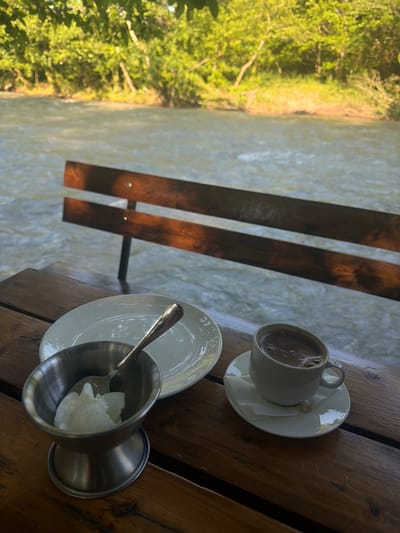 The image depicts a peaceful outdoor setting by a river, likely in Abzhanda, Abkhazia. A wooden table in the foreground holds a white saucer with a white cup of dark coffee, a white napkin, and a small cookie. To the left, a metal bowl contains scoops of white ice cream, with a silver spoon resting inside. Behind the table, a wooden bench with two horizontal planks overlooks a flowing river. The riverbank is lined with lush green trees and vegetation, illuminated by sunlight. The water appears clear and has ripples, suggesting a gentle current. The overall atmosphere is serene and relaxing, with the natural beauty of the river and its surroundings creating a tranquil backdrop for the refreshments.