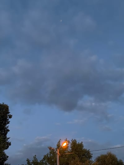 This media file depicts a slightly tilted, low-angle view of a twilight sky over Мартемьяново, Russia. The sky is predominantly blue with large, wispy clouds that are darkening as night approaches. The time of day is clearly evening or dusk, indicated by the subdued lighting and the presence of a functioning streetlamp in the upper right quadrant of the image. The streetlamp emits a warm, orange glow, casting a faint light.
The scene is framed by the dark green foliage of trees at the top and bottom edges of the frame, suggesting an outdoor setting, possibly a park, street, or residential area. A thin black cable, likely for electricity or telecommunications, runs diagonally across the upper portion of the sky. A small, faint circular object is visible in the left portion of the sky, which could be the moon or a distant light.
There is no text visible in the media file. The overall mood conveyed is calm and peaceful, characteristic of the transition from day to night. The weather appears to be partly cloudy, with the clouds being dense enough to obscure some of the blue sky but not so heavy as to suggest immediate rain.