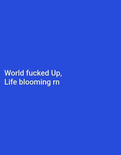 A square, deep blue background with white text towards the left side. The text reads "World fucked Up, Life blooming rn". The color palette is a stark contrast between the bright white and the dark blue. The phrase evokes a sense of hope or personal growth amid turmoil, using casual language.