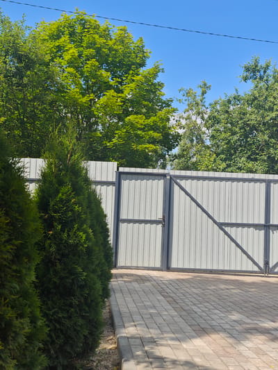 The image depicts a well-maintained pathway made of interlocking brick pavers leading to a closed, light gray corrugated metal gate with a dark metal frame. The gate appears to be for a driveway and has a diagonal support beam. To the left of the gate, a row of neatly trimmed, dark green coniferous trees stands alongside the pathway. Behind the trees and the gate, a dense canopy of lush green deciduous trees is visible, with some branches reaching towards a clear blue sky. A black wire is strung across the top of the frame. The overall scene suggests a private residence or property entrance in a suburban or rural setting, possibly the city of Khlevino, Russia. There are no people or animals present in the image.