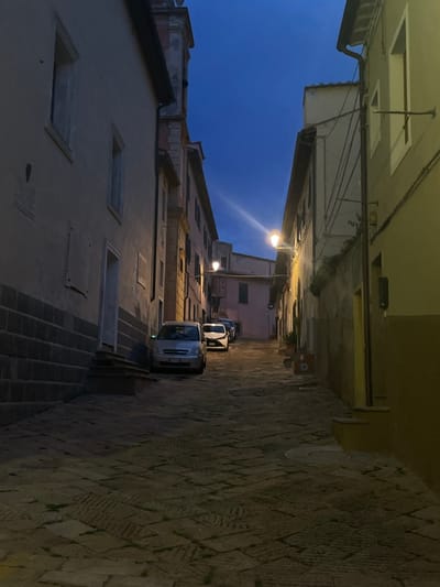 The image shows a narrow, cobblestone street in the city of Portoferraio, Italy, located at coordinates 42.816 latitude and 10.332 longitude. The street is lined with tall, old buildings on both sides. Two cars, both silver, are parked on the street, facing down the hill. The street is illuminated by a single streetlight at the top of the hill, and the sky is a deep blue. The street is empty of people. The buildings on both sides of the street have stone walls and some have faded, chipped paint. The street curves around a corner at the top of the hill, where the streetlight is. There are multiple electrical wires on the right side of the street. The street is made of uneven stone pavers with grass growing up between them. The bottom of the street is closest to the camera, and the top of the street, where the cars are parked and the streetlight is, is in the distance.