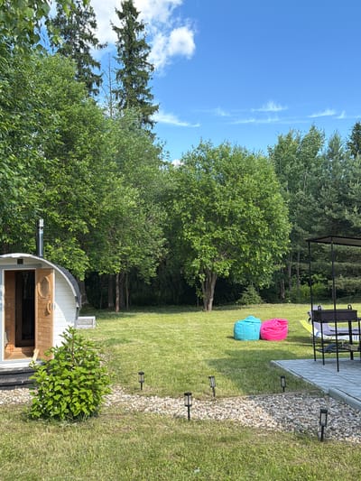 This is a sunny, daytime, outdoor photograph taken in the city of Aleskino, Russia. The scene depicts a backyard or garden area featuring a small, barrel-shaped sauna on the left. The sauna is white with a wooden door and a metal chimney pipe. In front of the sauna, there is a lush green bush and a pathway made of light-colored pebbles. Several small, black solar-powered garden lights are placed along the pathway.
In the middle of the lawn are two large, colorful beanbag chairs, one bright pink and the other turquoise. Further to the right, there is a black metal barbecue grill structure with a canopy. A portion of a paved patio area is visible in the foreground on the right, with a grey stone-like surface.
The background is dominated by a dense line of various green trees, creating a natural, forested backdrop. The sky is a clear bright blue with a few scattered white clouds, suggesting good weather. The overall impression is one of a tranquil, recreational outdoor space. There are no people visible in the image.