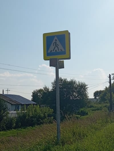 A pedestrian crossing sign is mounted on a metal pole in a rural setting. The sign itself is a yellow square with a blue inner square, depicting a pedestrian figure walking across stripes. Below the sign is a smaller rectangular unit with a grid of red lights, likely indicating a flashing warning for the crossing. The pole is positioned in front of a background of trees and sky, with a house and power lines visible in the distance. The overall scene suggests a roadside in the village of Novokopylovo, Russia.