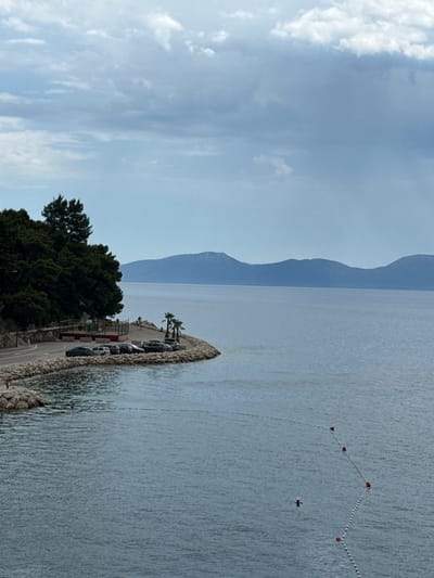 The image captures a coastal scene in Drvenik, Croatia, on a cloudy day. In the foreground, the calm sea is visible, with a line of white buoys dotted with red markers extending diagonally into the water. A person is swimming or wading in the sea near the buoys. Along the left side of the image, a rocky shoreline meets a paved road. Several cars are parked along the road, which curves around a small, semi-circular bay. Behind the road and parking area, a dense cluster of dark green pine trees grows up a slope. In the distance, the blue silhouettes of mountains are visible against the hazy sky. The overall atmosphere is serene and slightly overcast.