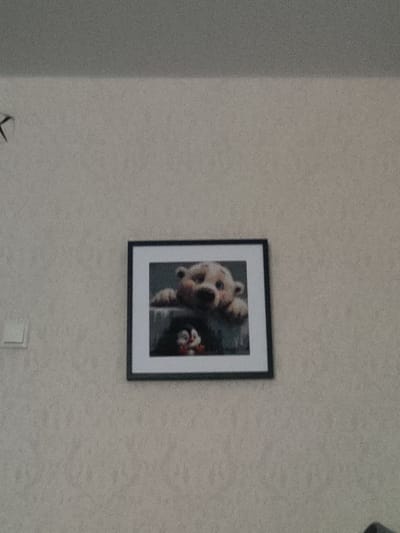 The image shows a framed picture hanging on a textured, light-colored wall. The picture contains two figures: a large, fuzzy bear-like creature with its paws resting on the frame, and a smaller, more grotesque creature with red cheeks and a wide smile below it. To the left of the framed picture, there is a small, square, white light switch. The background appears to be an indoor setting with a hint of a darker ceiling area at the top of the image. There are no discernable elements in the image that allow for the determination of its specific location in Pinsk, Belarus.