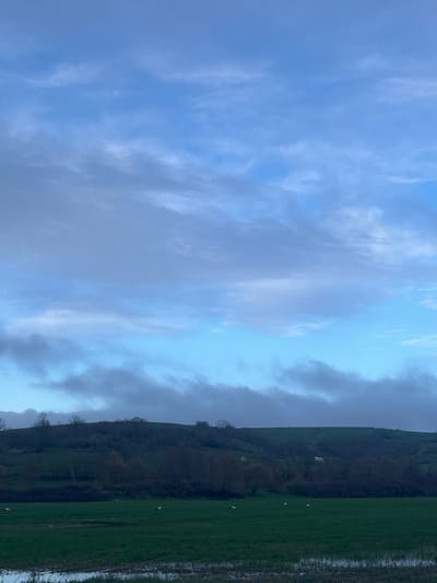 The image presents a landscape with a dominant sky, filled with varying shades of blue and cloud formations. The right side of the image reveals a green field adjacent to a dark, wooded hillside. Scattered white objects, potentially sheep or birds, are sparsely distributed on the hillside and in the field. There are no apparent signs to indicate that this scene is located in Gabar, Bulgaria. There is no evidence of human activity or interaction in the scene.
