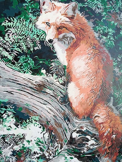 The image is a close-up painting of a fox sitting on a fallen log amidst dense greenery. The fox, rendered in warm orange and white tones, has its head turned to the left, with piercing blue eyes and pointed ears. Its fur is depicted with thick, textured brushstrokes. The log is a rough, weathered gray, with visible wood grain and some darker, mossy areas. The background consists of various shades of green, representing foliage, with darker patches indicating shadows and depth. The style of the painting is somewhat abstract, with bold colors and simplified shapes. There is no discernible urban environment or location within the Czech Republic, including Pardubice.