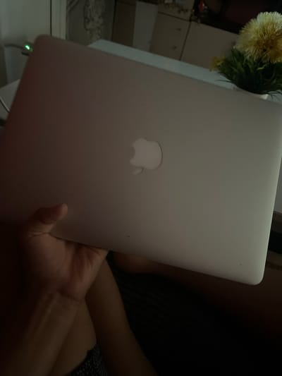 The image captures a close-up, diagonal view of a person holding a closed silver-colored laptop, identifiable as a MacBook by its prominent Apple logo on the lid. The laptop is the central focus, held by hands that are visible in the lower right portion of the frame. A green LED light, indicating a charging connection, glows at the bottom edge of the laptop.
The scene is dimly lit, suggesting an indoor setting, possibly in the evening or at night. In the blurred background to the upper left, an artificial decorative plant with spiky yellow flowers and green foliage can be seen, partially obscuring what appears to be light-colored furniture or shelving. To the right, part of the person's arm and leg, clad in patterned fabric, are visible, implying the person is seated. The overall ambiance is subdued due to the low lighting. There is no visible text other than the Apple logo. The context provided places the location in Topolchane, Bulgaria.
