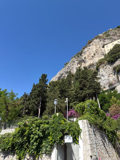 The image depicts a view in Pogerola, Italy, characterized by a steep limestone cliff face on the left side, topped with some buildings, including a beige structure, and lush vegetation clinging to the rock face. The right side of the frame showcases a stone wall and a wrought iron fence heavily covered in green vines. A lamppost stands along the wall, partially obscured by the vegetation. The sky is a clear, bright blue, providing a sharp contrast to the natural and built elements in the foreground.