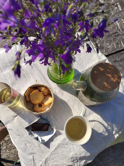 A high-angle outdoor shot depicts a still life arrangement on a white tablecloth spread over a wooden surface, likely a table or picnic area, bathed in sunlight. In the upper left quadrant, a bouquet of vibrant purple bellflowers, in focus, is held in a green glass vase. To the left of the flowers, a clear glass with a striped rim contains a light yellow beverage. Adjacent to the glass, a small, light-colored bowl holds several round, golden-brown cookies, some with a visible red filling in the center. Below the bowl, a piece of dark chocolate rests in its partially opened silver and blue wrapper. To the right of the cookies, a clear glass teapot with a wooden lid contains a pale green beverage, condensation visible on the glass. In the lower right quadrant, a white mug with a handle holds a light yellow liquid. Shadows are cast across the scene, suggesting a sunny day. The background shows a textured wooden surface with visible grain and possibly some debris. The environment appears to be a natural setting, possibly a garden or park. There are no people visible in the frame.