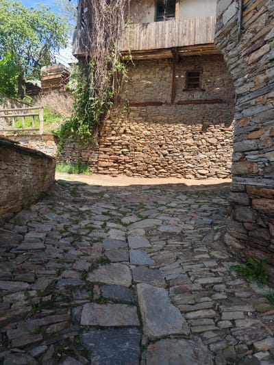 The image captures a narrow, cobbled street in the village of Kovachevitsa, Bulgaria. The street, composed of irregularly shaped stones with patches of grass growing between them, leads the viewer into a slightly brighter area further ahead. The walls on either side are made of layered, flat stones of varying sizes and shades of brown and gray. On the left, a low stone wall is topped with a weathered wooden railing. On the right, the wall forms an archway or entrance. The building on the right side of the street features a wooden overhang with a small, boarded-up window set into the stone wall below. Vines and foliage grow down from the overhang, adding a touch of green to the scene. The light indicates that the scene is photographed during the day under sunny skies. No people are visible.