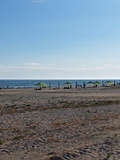 The media file depicts a bright, sunny day at a beach, likely in Ömirzaq, Kazakhstan. The scene is dominated by the vast expanse of the blue sea and a clear sky, with only a few wispy clouds. The sand in the foreground is a light brown, textured with ripples and dotted with sparse, dry vegetation.

The water is a deep blue, with small waves breaking near the shore. Numerous people are visible in and around the water, engaged in recreational activities. Some are swimming or wading, while others are standing on the wet sand at the water's edge.

Further back on the beach, several bright lime-green beach umbrellas are set up, providing shade for groups of people. Some individuals are sitting or standing near these umbrellas, possibly relaxing or socializing. The overall atmosphere appears to be one of leisure and enjoyment.

The time of day appears to be midday or early afternoon, given the bright sunlight casting shadows and the clear, vibrant sky. The weather seems pleasant and warm, ideal for a beach outing. There are no visible text elements in the image. The setting suggests a popular tourist or recreational beach area, with amenities like umbrellas available for rent or use. The distant horizon line between the sea and sky is sharp and clear.
