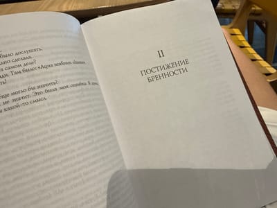 Here is a concise, forensic, matter-of-fact description of the scene:
The image shows an open book with text in Russian. The text on the left page appears to be a narrative, containing phrases like "Aqua seafoam shame" and "This was my mistake". The right page displays a title in larger, bolder letters: "II ПОСТИЖЕНИЕ БРЕННОСТИ". The book is positioned on someone's lap, suggesting they are reading. Part of a wooden chair can be seen in the background. The overall impression is that the person is reading a novel or collection of short stories, possibly outdoors or in a relaxed setting. There is no indication that the image was taken in the city of Hongkou District, China.