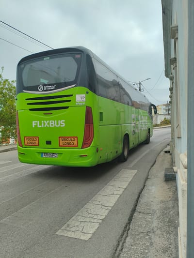 A bright green Flixbus, identified by its prominent logo and "FLIXBUS" text, is captured from a rear-side view, moving away from the camera on a street in Nazaré, Portugal. The bus features the "Irizar" logo on its upper rear. Two rectangular yellow signs with black text reading "VEICULO LONGO" are affixed to the lower rear of the bus. The license plate displays "AR05FC". The bus is on an asphalt road with a marked pedestrian crossing. To the right of the road is a weathered concrete curb and a pale blue building. Overhead, electrical wires are visible against an overcast sky. A tree with green foliage is present on the left side of the image, partially obscuring the bus. The scene is devoid of people.