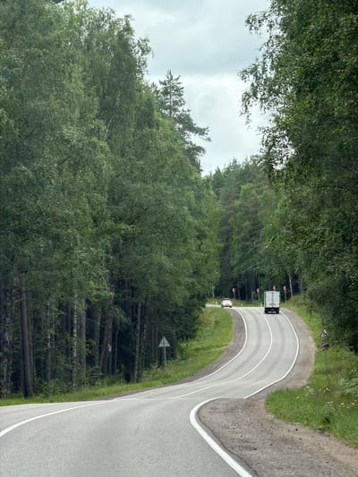 The image depicts a winding asphalt road passing through a dense forest. The road has white lane markings and is bordered by a grassy embankment on one side and trees on the other. Several red traffic lights are visible along the side of the road, and a white truck is driving on the road. Further down the road, another white vehicle appears to be parked or moving slowly. A triangular road sign with a zigzagging arrow is visible on the left side of the road, indicating a winding road ahead. The sky is overcast, suggesting a cloudy or possibly rainy day. The time of day appears to be daytime, given the lighting conditions. The setting is a rural or remote area, likely a forest road. The image has an overall muted color palette due to the cloudy weather and the predominance of green foliage. The orientation of the image is rotated 90 degrees clockwise.