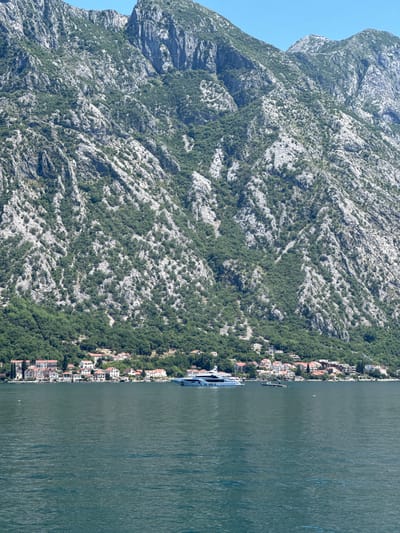 A vertical landscape image captures a scene in Donji Orahovac, Montenegro, featuring a steep, verdant mountain rising from the waters of a bay, with a village nestled at its base. The upper two-thirds of the frame are dominated by a rugged mountain, characterized by exposed, light grey to white limestone rock faces extensively covered in patches of dense, dark green foliage. The mountain slopes sharply down towards the water.

At the very base of the mountain, along a narrow coastal strip, lies the village of Donji Orahovac. This settlement consists of numerous low-rise buildings, predominantly houses, with light-colored facades and distinctive terracotta-orange tiled roofs. The structures are tightly clustered and extend horizontally along the shoreline, partially obscured by green trees and shrubs growing on the lower mountain slopes.

The lower third of the image is occupied by the calm, dark teal-colored water of the bay. The water surface exhibits subtle ripples, indicating a light breeze. A prominent white, multi-decked motor yacht, featuring dark windows and a modern design, is anchored or cruising in the bay, slightly to the right of the central axis, oriented towards the left. To the right of the yacht and closer to the shoreline, a smaller, dark-colored boat or floating platform is visible. A single white bird is discernible in flight over the water in the mid-left portion of the frame. The sky above the mountains is a clear, light blue, devoid of clouds. No human figures are explicitly visible in the scene.