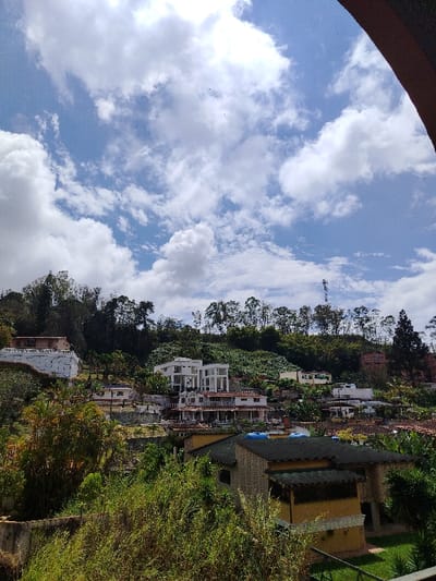 A daytime view shows a hillside covered in buildings and vegetation. White clouds fill a bright blue sky above the scene. Trees line the top of the hill, with a tall communication tower visible through them. Various houses are scattered across the slope, some with visible terraces. Lush green plants fill the foreground and frame the lower portion of the image. A portion of a reddish structure is visible in the upper right corner, framing the scene.