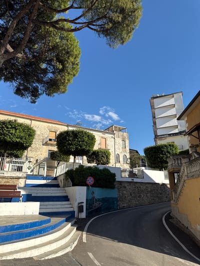 Captured in Agropoli, Italy, the image presents an upward view along a street lined with buildings. The camera tilts upwards, revealing a clear blue sky with sparse clouds, against which the buildings are set. Buildings are of varying heights and designs, ranging from the stucco style to a more modern white structure with vertical sunshades. Green, rounded trees add a touch of nature to the urban landscape. On the right side of the frame, a curving street edge and stairs painted in blue and white emphasize the architectural design. A no-stopping sign is also visible.