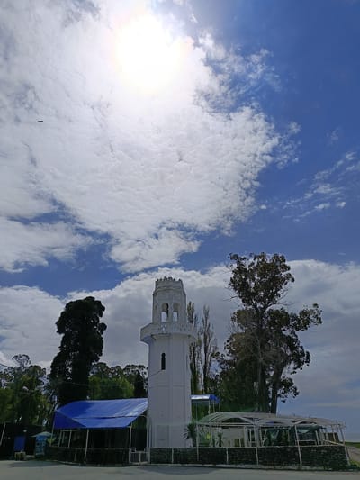 The image shows a white tower, situated in Gulrypsh, Abkhazia, under a partially cloudy blue sky with a bright sun. A bird is flying in the upper left quadrant of the sky. The tower is framed by trees of varying heights and foliage. To the left of the tower, there is a structure with a blue tarp roof. To the right of the tower, there is another structure with a white frame and plants inside. A stone barrier runs along the base of these structures. The ground is paved, and in the far background, the sea is visible.