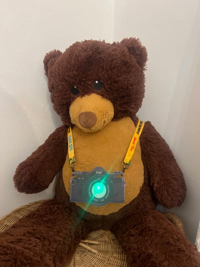 A stuffed brown teddy bear is seated in front of a white wall. The bear has a light brown snout and black eyes. A yellow lanyard with text that reads "BAD BUNNY" and "Most Want" is draped around the bear's neck. Attached to the lanyard is a small, dark gray camera-shaped keychain with a green light emitting from the lens. The bear is sitting on a woven wicker surface. The scene appears to be indoors, with no identifiable landmarks in Brighton, United Kingdom.