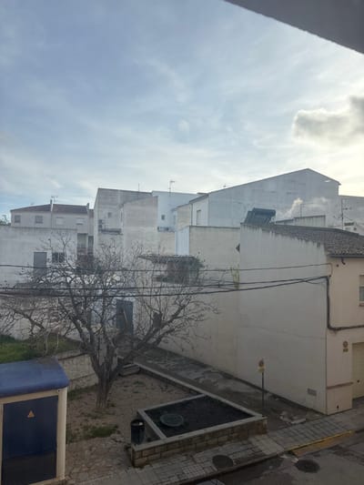 The image presents an elevated view of a residential urban environment in La Font de la Figuera, Spain, under a partially overcast, light blue sky with brighter conditions towards the right. The scene is characterized by a dense arrangement of two- to three-story residential buildings, primarily featuring plain, light-colored (white, off-white, light grey) stucco facades. Various television antennas and satellite dishes are visible on multiple rooftops in the mid-ground. A black solar water heater panel is mounted on one roof towards the right-center, directly behind which a distinct plume of white smoke or steam rises against the sky.
In the foreground, a large, leafless deciduous tree with multiple dark branches is centered within a small, unkempt patch of earth and sparse green vegetation. To the immediate left of the tree, a blue, rectangular utility box with a yellow triangular warning symbol is positioned. To the right of the tree, a raised rectangular planter box, constructed from light-colored bricks, contains dark soil or mulch and incorporates a circular metal access cover. A black waste bin is situated next to this planter.
A paved sidewalk with a checkerboard pattern of square tiles runs horizontally across the lower right portion of the image. Adjacent to the sidewalk is a narrow asphalt street or alleyway, which appears wet in sections, reflecting light and containing two circular metal manhole covers. A yellow 'no parking' sign with a red diagonal line is visible on a pole at the edge of this street. Multiple black electrical or communication cables span horizontally across the mid-foreground, partially obscuring the view of the buildings and courtyard. No individuals are present in the depicted scene.