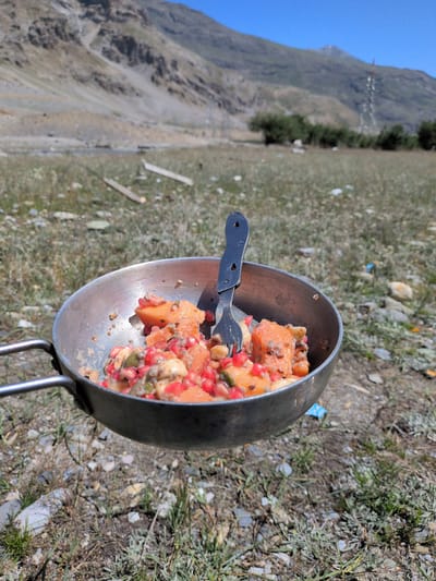 A close-up, eye-level shot shows a metal bowl filled with a fruit salad, with a fork resting inside. The salad contains pieces of orange fruit, pomegranate seeds, and possibly nuts or seeds. The bowl has two handles and is positioned on a rocky, grassy ground. In the background, a dry, mountainous landscape under a clear blue sky is visible. A few sparse trees and a distant electrical tower can also be seen. The location is identified as Matayeen, India.
